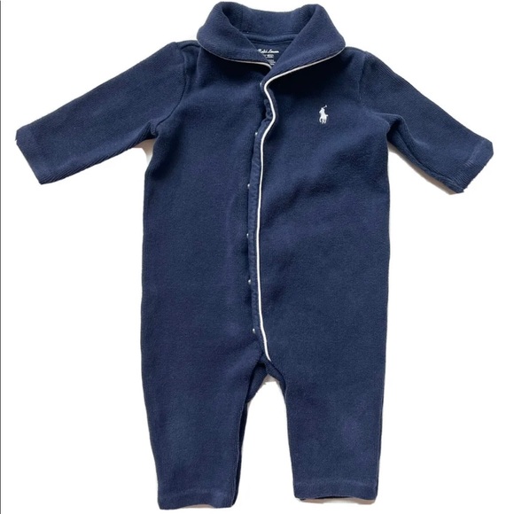 Ralph Lauren Other - Ralph Lauren Baby Boy 6 Months Navy Blue White Coverall Knit Lined Jumpsuit Logo